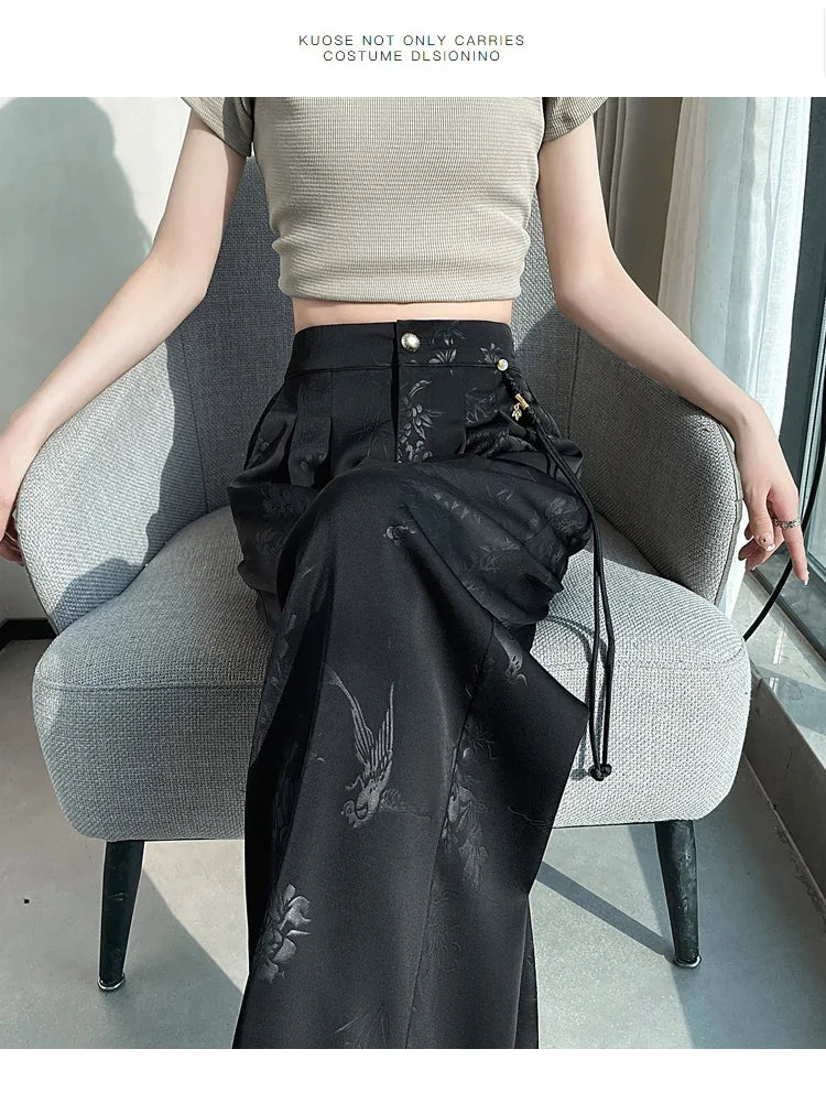 Chinese Style Jacquard Wide Leg Satin Pants – Women